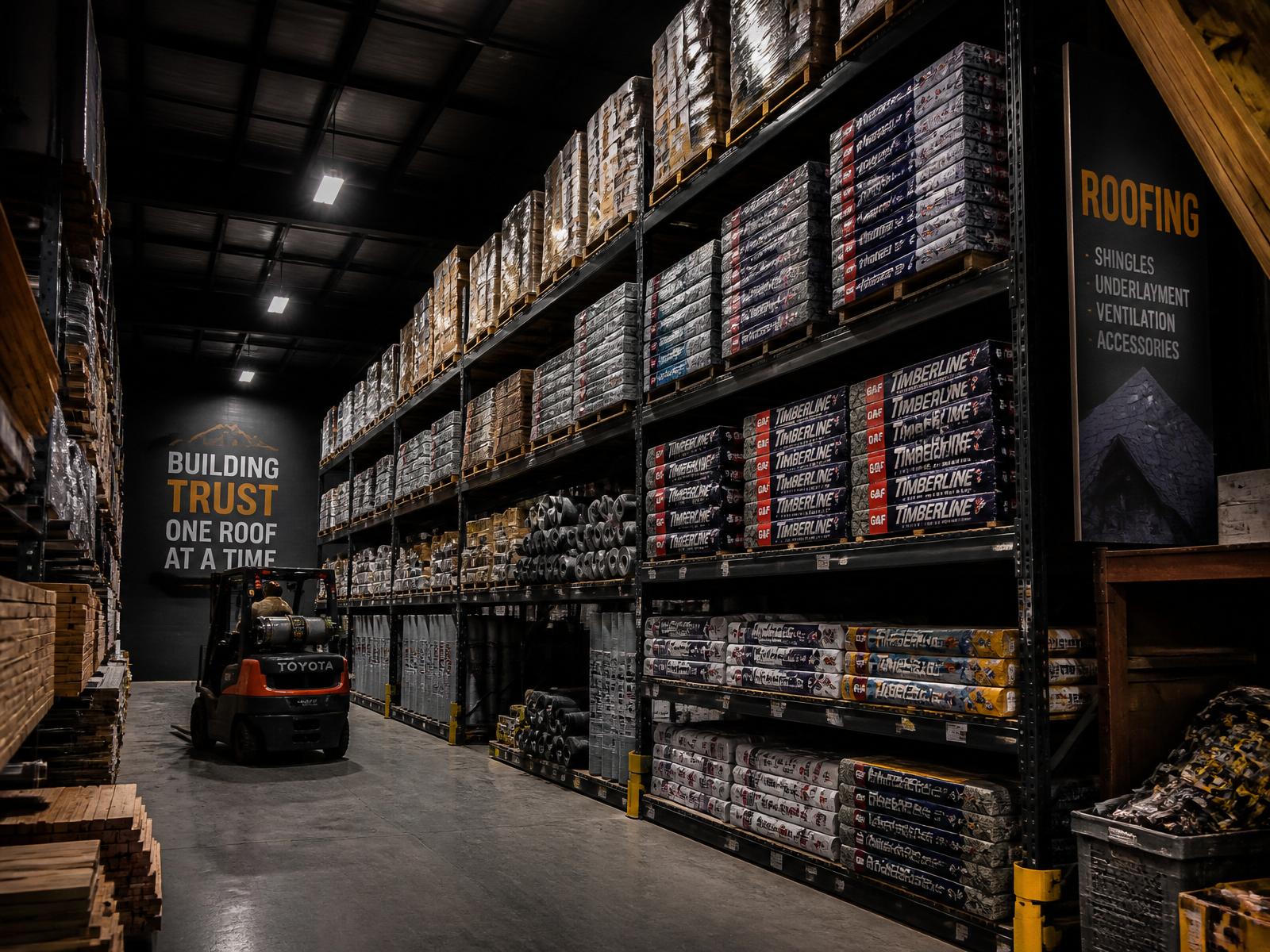 Reco Roofing & Building Supplies warehouse stocked with roofing materials and lumber in Norcross, Georgia